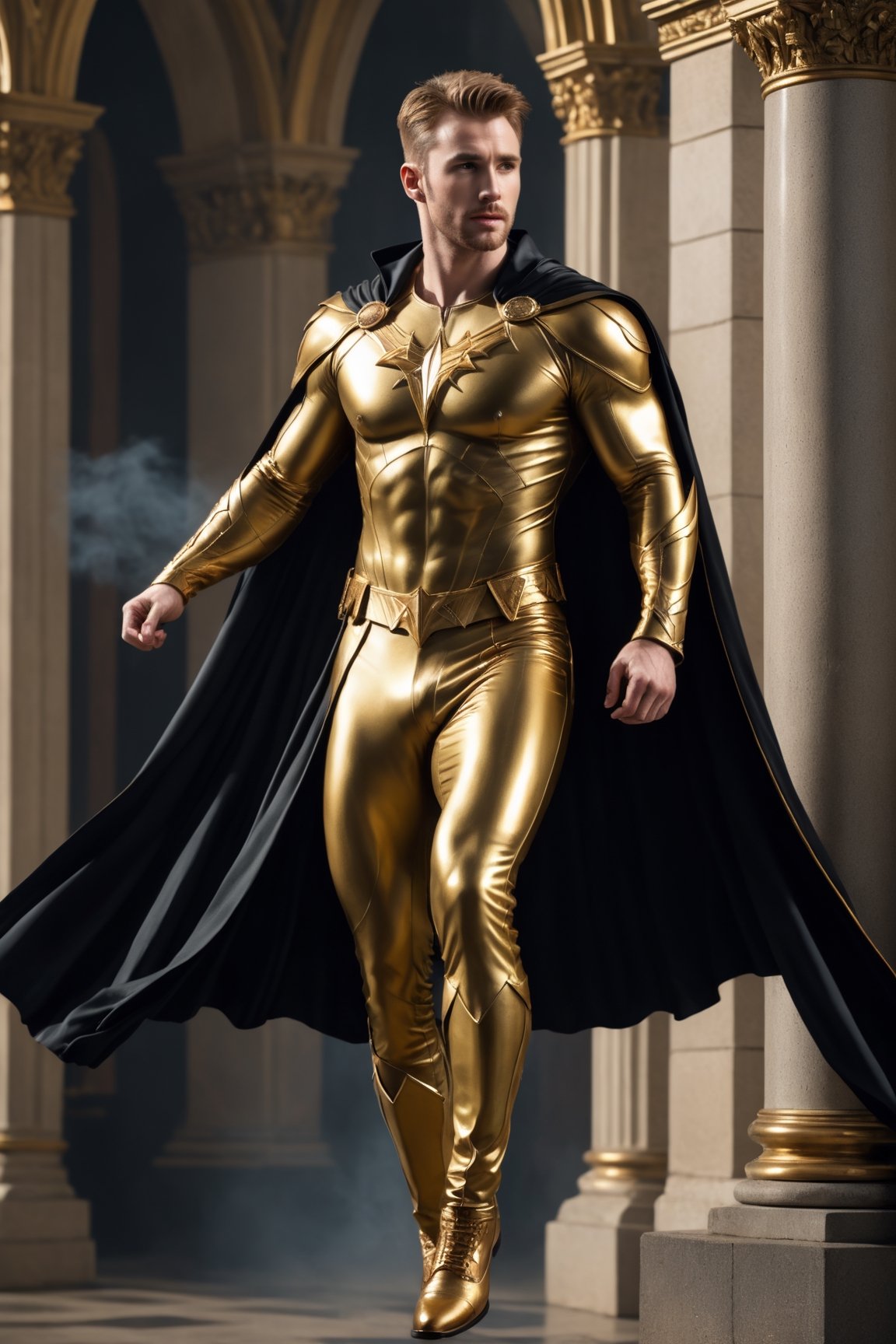 create a side body view of a hyper-realistic image of a 20 years old tall and handsome actor Chris Evans, young handsome looking, He star in a new gothic movie as a gold king, 
((leaping attack:1.2)), ((side body view:1.4)),

8k, high detailed, sharp focus,more detail XL,Movie Still,(full body view:1.9),gold shoes,  (whole body within frame), short undercut blond hair, ((((wearing a gold king dress with black cape)), )), ((gold long pants)),aesthetic portrait,LegendDarkFantasy, ((laughing:1.7)), far camera shoot, 