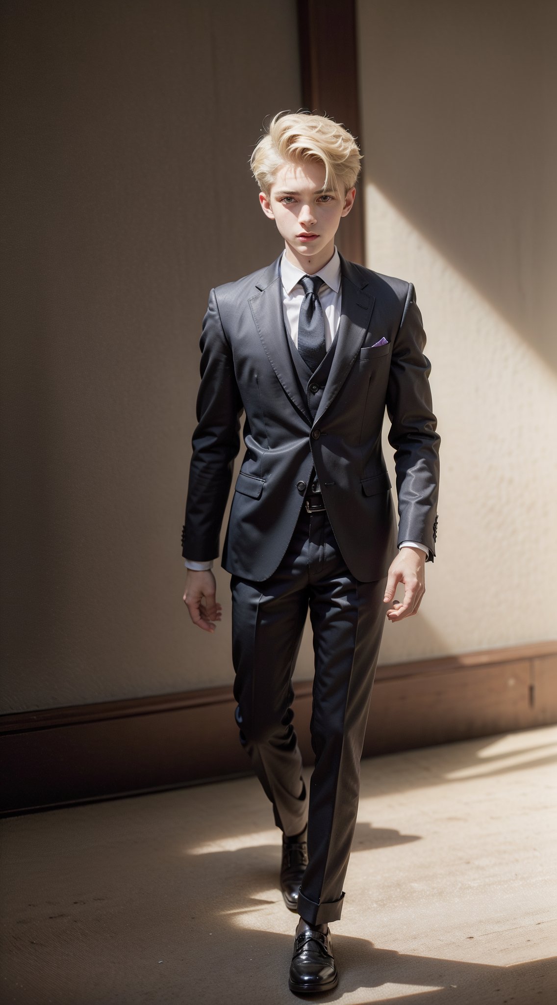  (full body shot)  of a 18 years old boy, tall (180cm),  ((slim fit black suit:1.4)), , cute blond boy, short Side Fade hair, male_only, sharp skin, masterpiece, photorealistic, best quality, male, slim body, inspired by a male model, sol, Detailed side face, detailed side body, detailed side leg, 8k,  Photographic realistic masterpiece HDR high-quality image, perfect high detail image, 1boy, 
dynamic movement ((walking)),no belt, 
,