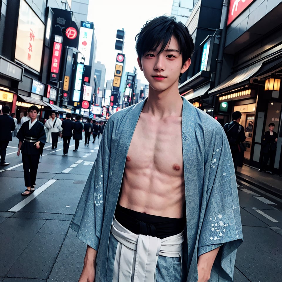 18-year-old boy, a very cute japanese boy, gorgeous, short dark hair, brown eyes. ((wearing a male kimono)), slender man, standing, half body shot, looking as he poses for a photo shoot, more detail XL, Shinjuku streeet background, dramatic light, teenager, half body view,Masterpiece,Black hair,faith_beams