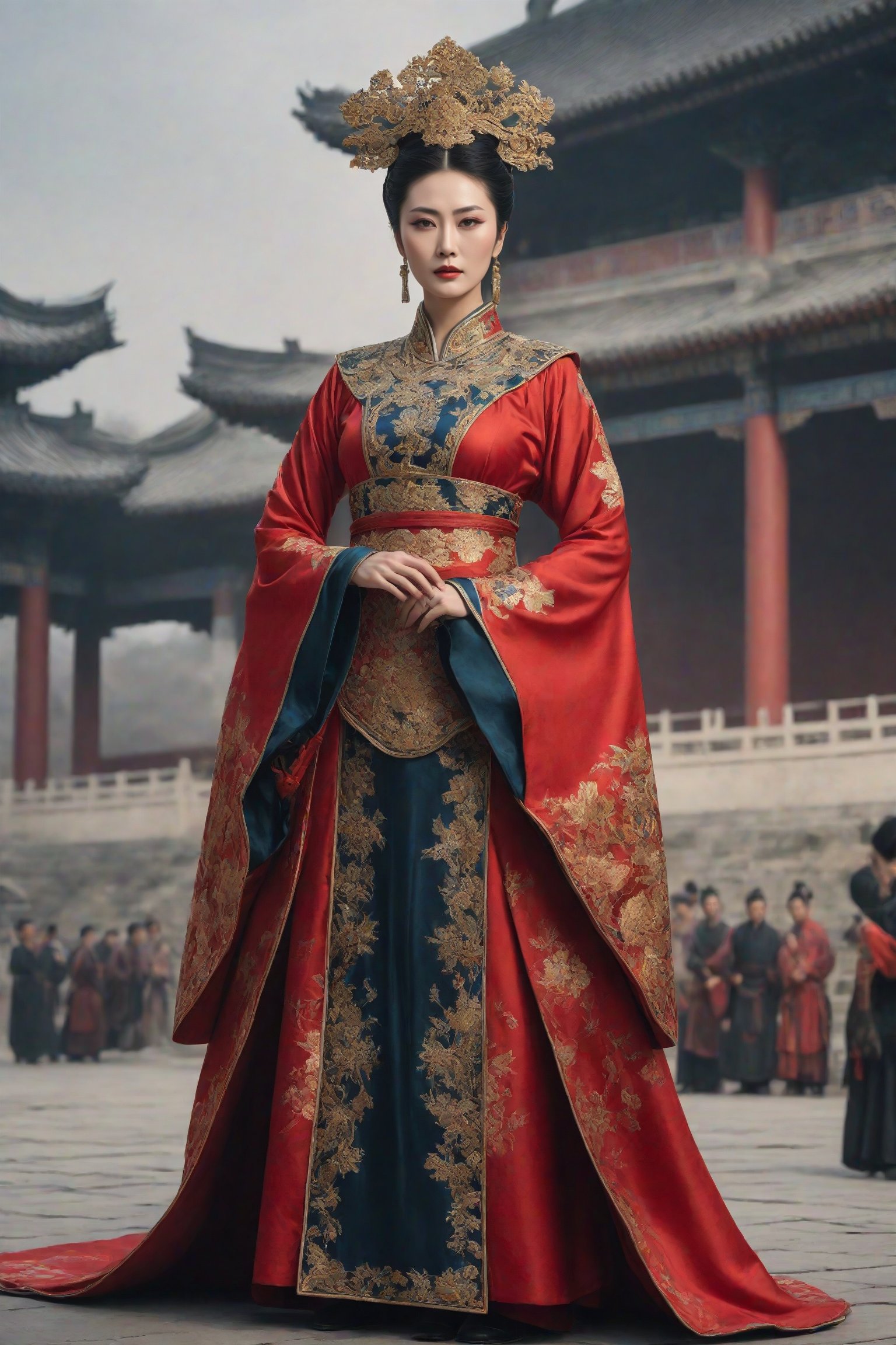 create a hyper-realistic image of Empress Wu zetian of ancient china,  ((red Chinese empress gown)),  8k by Golf on Tensor...