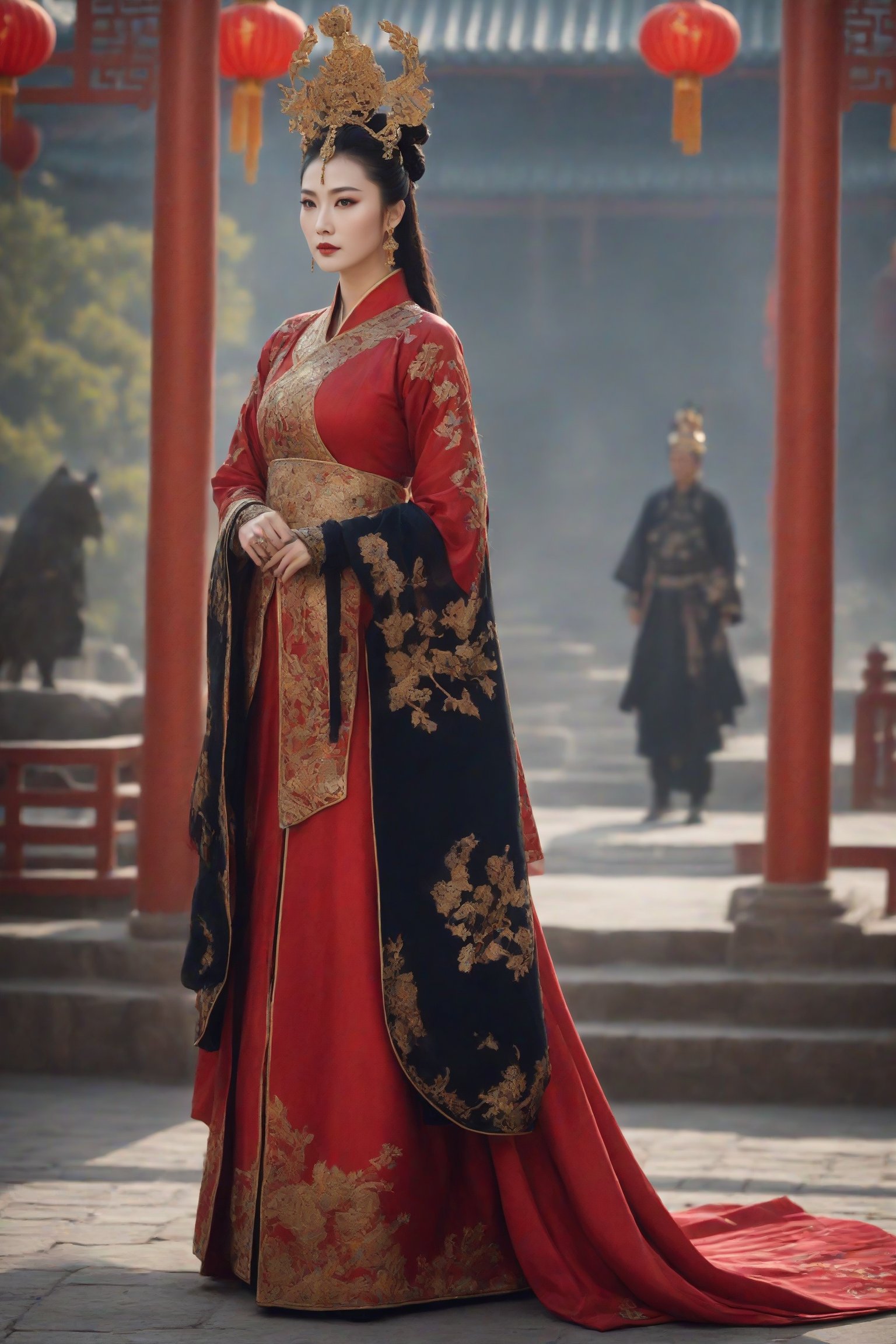create a hyper-realistic image of Empress Wu zetian of ancient china,  ((red Chinese empress gown)),  8k by Golf on Tensor...