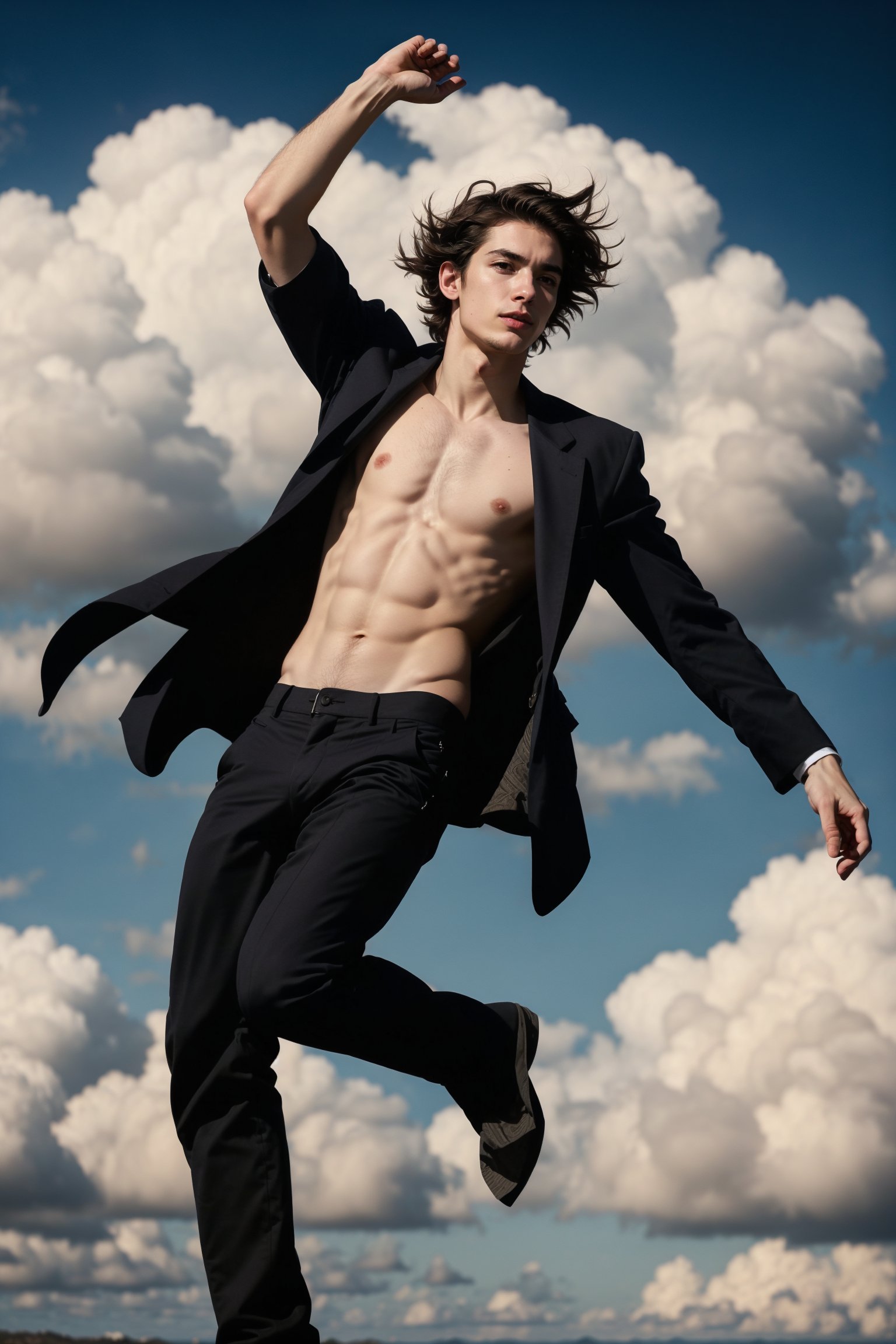 a ((full-body shot)) of a 17-year-old , Greek god, a European boy with, slim body, brown shade haircut, ((pale skin)), he's floating in the sky

he's wearing a black suit, and black pants, 

((floating in the air)),

 no chest hair, alone, 




realistic, masterpiece, with amazing photography, 8k, HDR, ultra-high resolution, realistic face, realistic body, realistic eyes, highly detailed eyes, perfect young face, ultra-high resolution,8k,Hdr, soft light, perfect face, cinematic light, soft box light, pal colors, unsaturated colors, abandoned_style, photo of perfect eyes, perfect leg,  perfect foot, can see the whole body, sharp focus,  male_only,  smooth, realistic skin,hdsrm, renaissance,Detailedface,telekinesis,floating in the air