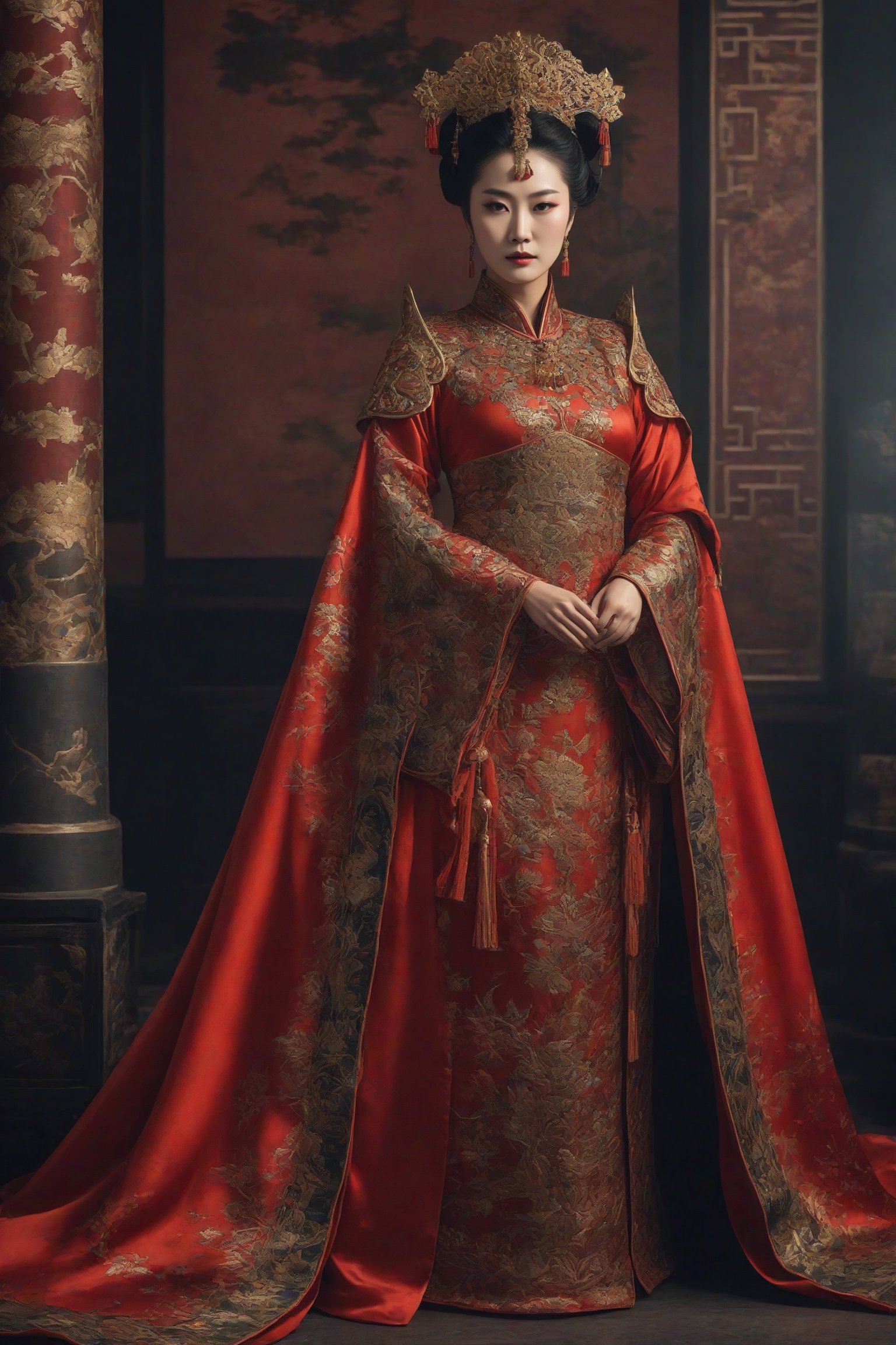 create a hyper-realistic image of Empress Wu zetian of ancient china,  ((red Chinese empress gown)),  8k by Golf on Tensor...