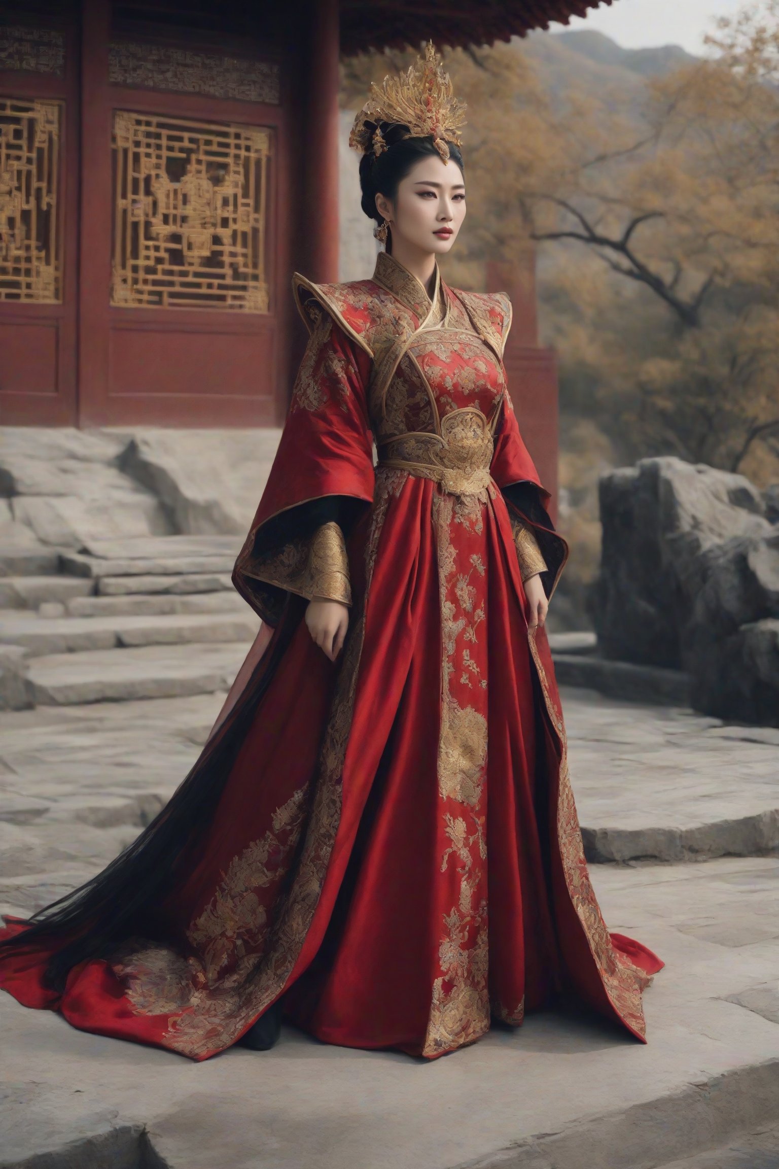 create a hyper-realistic image of Empress Wu zetian of ancient china,  ((red Chinese empress gown)),  8k by Golf on Tensor...