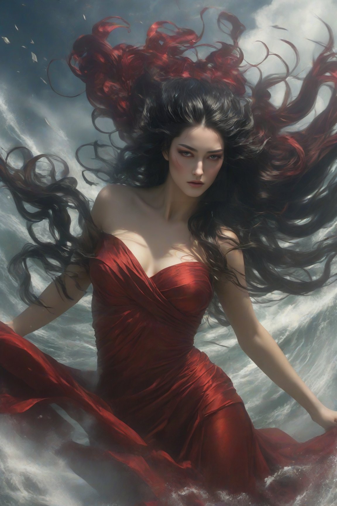 best quality, masterpiece,	
a torso view of a greek goddess Hera revels in her discord, her dark red gown a whirlwind of flair and chaos, mirroring the tumult she brings. her very long wave of black hair effortlessly channels a Gothic fantasy aura, 
