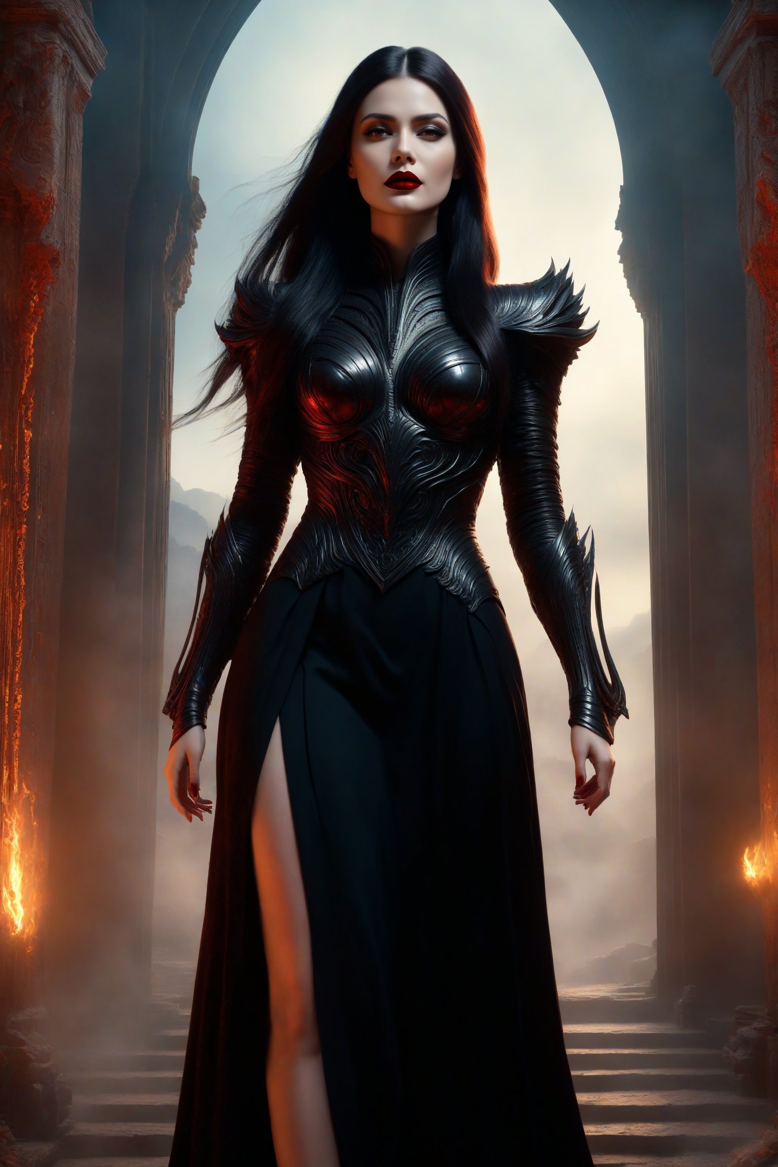 best quality, masterpiece, (((black heels:1.4))),(((full body shot:1.4))),	(((smirk:1.7))),	(standing:1.9),	((dark red lipstick)),  framing her angry face, a very beautiful black long hair woman, wearing a black gown, malevolent grace, Her presence fills the air with a palpable sense of dread, 
ultra realistic illustration,siena natural ratio, by Ai Pic 3D,	cinematic lighting, ambient lighting, sidelighting, cinematic shot,	(full body view:1.4), 	octane render Artstation perfect composition, intricate details, hyper details, masterpiece, perfect composition, perfect anatomy, perfect lighting, sf, intricate artwork masterpiece, ominous, matte painting movie poster, golden ratio, trending on cgsociety, intricate, epic, trending on artstation, by artgerm, h. r. giger and beksinski, highly detailed, vibrant, production cinematic character render, ultra high quality model.,b3rli,aesthetic portrait,bianca_bradey,(PnMakeEnh),LegendDarkFantasy