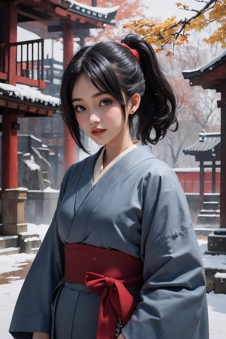 (1 Japanese Kunoichi:1.2) (autumn, snowing), (water color style) ,(revealing warrior costume:1.2), 1girl, solo, looking at viewer, ((grin)), Gorgeous kimono, dim light, muted color,Impressionism, (ultra detailed background of a ancient Japanese buildings), harmonious composition, epic art work, 