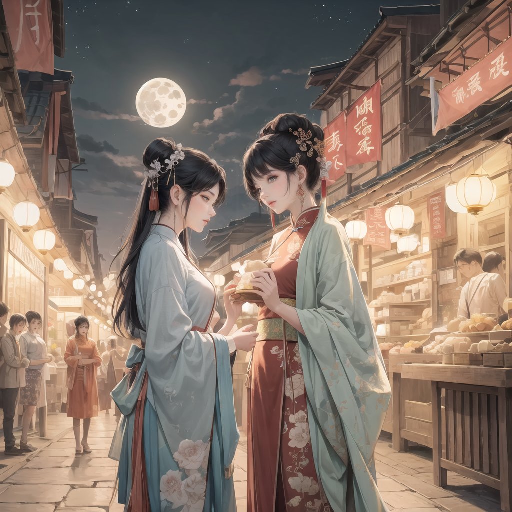 A tranquil scene unfolds on a serene mid-autumn night in an ancient Chinese town. ((The full moon)) casts a warm glow over cobblestone streets, lined with vendors offering fresh mooncakes and lanterns. Families gather, their faces aglow with joy, as they admire the vibrant lantern shows illuminating scenic areas. In the distance, the scent of sweet lotus flowers wafts through the air, mingling with the festive atmosphere.