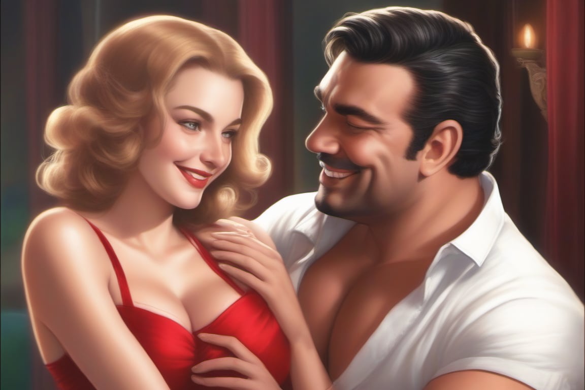 A woman,  who is smiling,  has a short red dress. Big breasts by KhoobSoorat on Tensor.Art