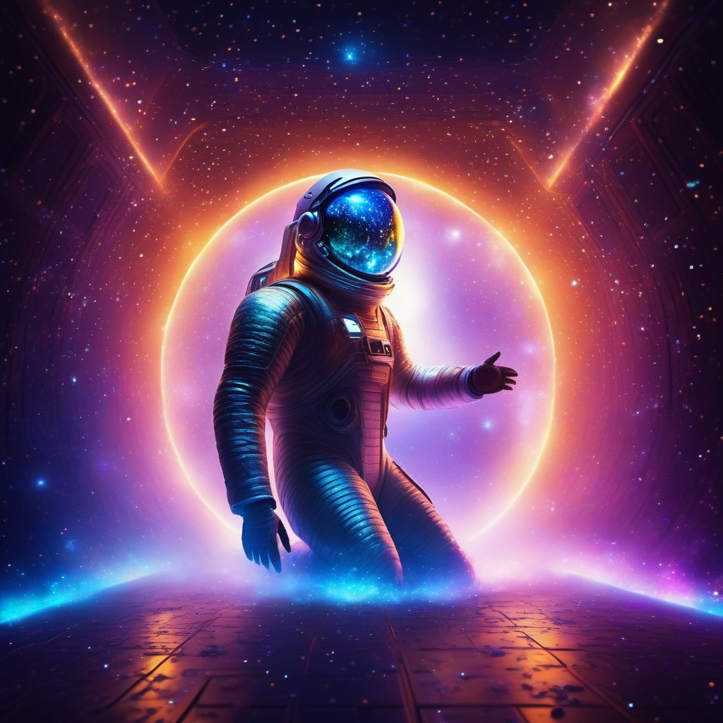 a silver-skinned man works magic over a cauldron of microspheres of electric plasma nuclei inside, looks into the distance with a frightening smile, is in the high-tech apartments of a large spaceship, a broken spacesuit lies on the floor, everywhere cosmic dust flies in the air, fog spreads across the floor, night, neon light from  corners of steel walls consisting of cloudy silver glass blocks, flying in deep space at supersonic speed through space tunnels and galaxies