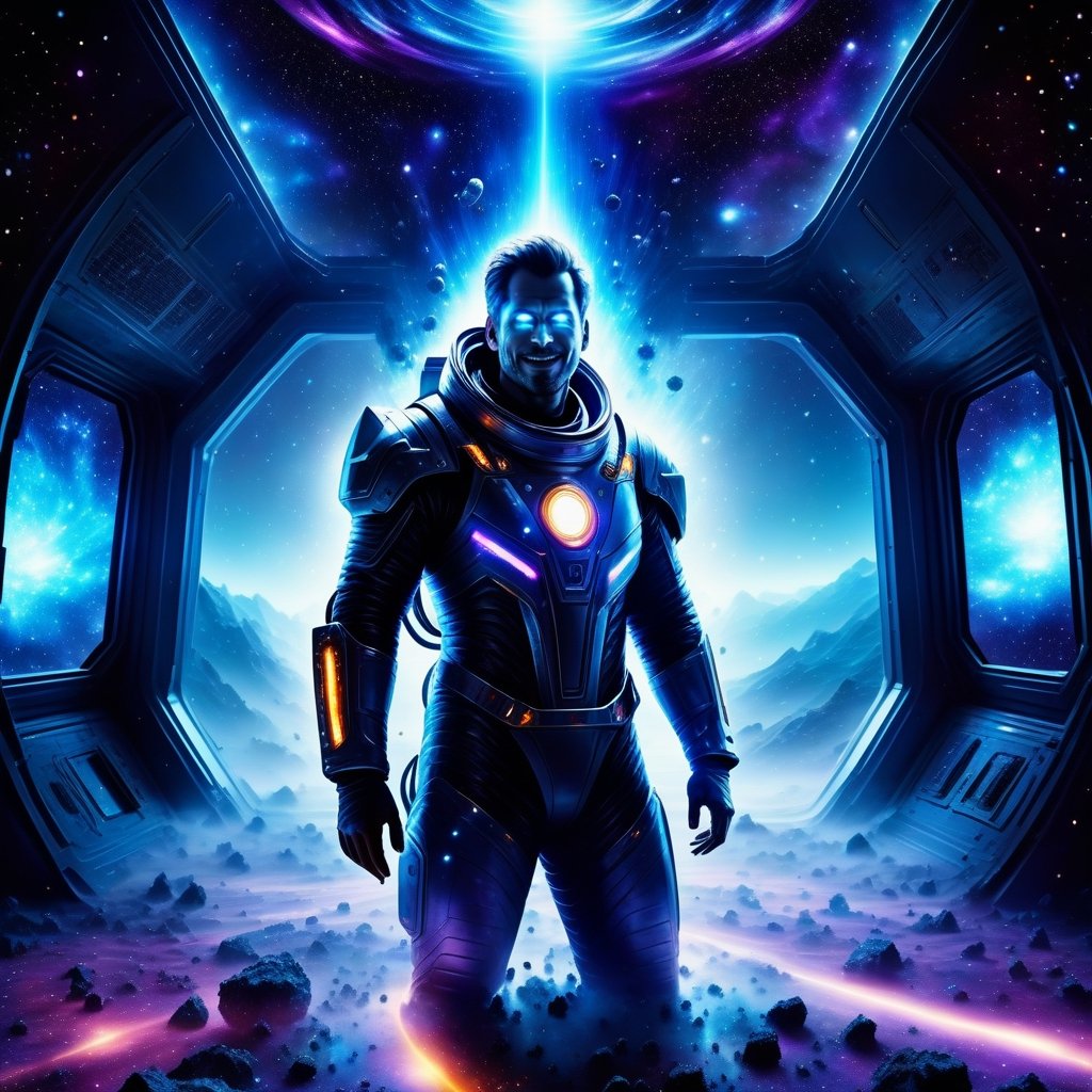 a silver-skinned man works magic over a cauldron of microspheres of electric plasma nuclei inside, looks into the distance with a frightening smile, is in the high-tech apartments of a large spaceship, a broken spacesuit lies on the floor, everywhere cosmic dust flies in the air, fog spreads across the floor, night, neon light from  corners of steel walls consisting of cloudy silver glass blocks, flying in deep space at supersonic speed through space tunnels and galaxies, 