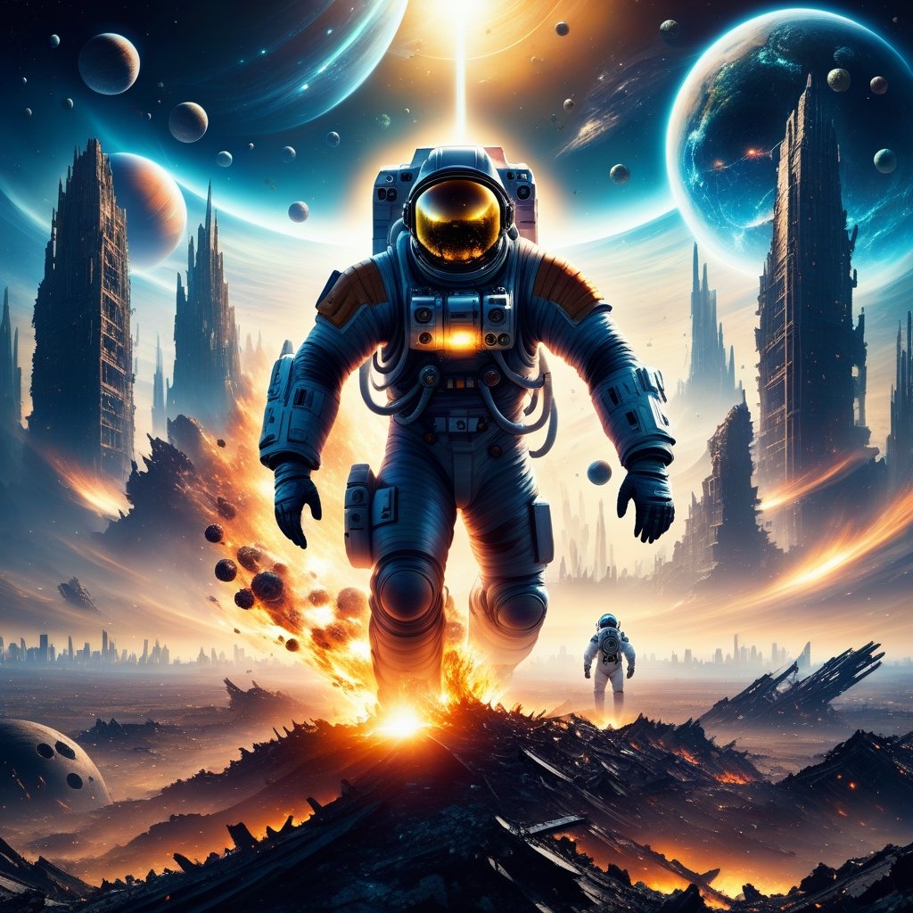 the astronaut stands in the middle of a deserted field surrounded by cities of the future, an otherworldly world of high technology, huge monsters are running far from the astronaut, burning spheres are flying, night, planets, space debris, the ruins of the apocalypse.