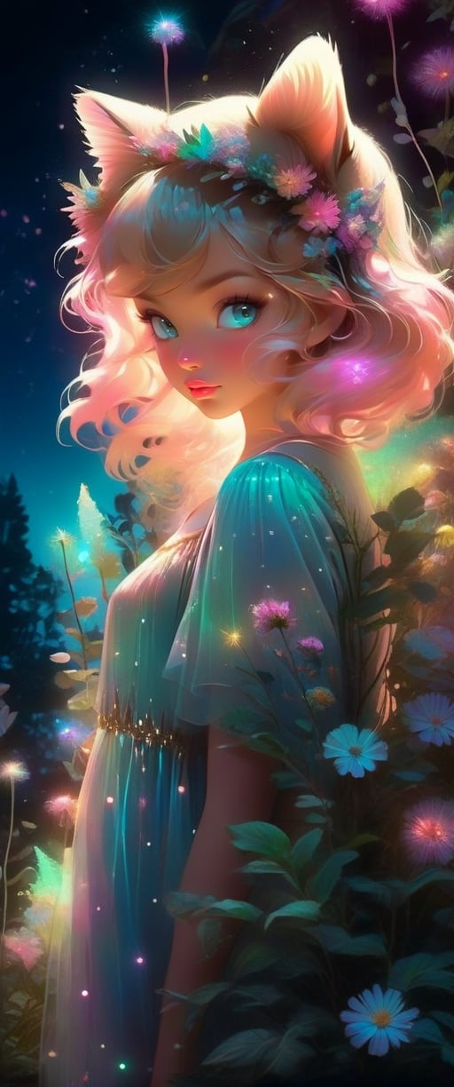 Ultra detailed illustration of an angel lost in a magical world full of wonders, unique luminous flora never seen before, highly detailed, pastel colors, digital art, art by Mschiffer, night, dark, bioluminescence, girl with cat ears on the head, fur cat tail