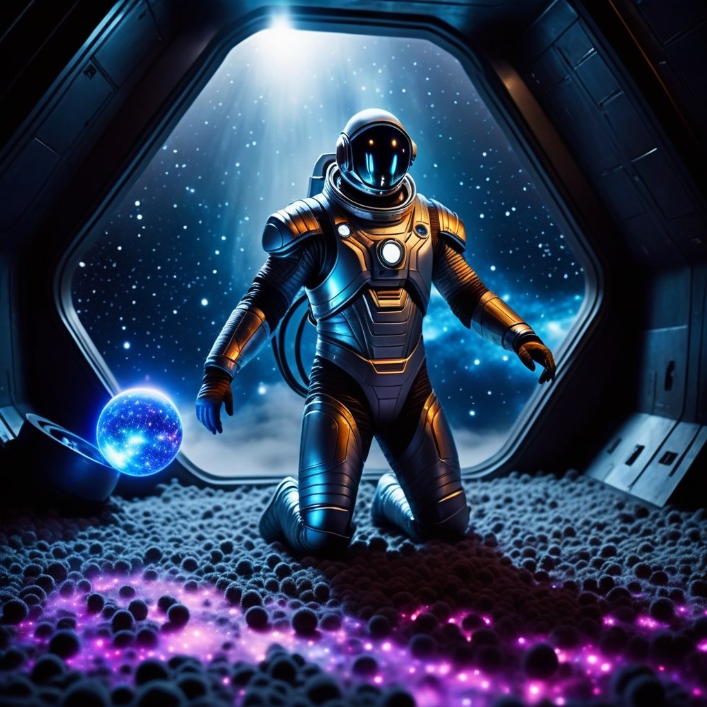 a silver-skinned man works magic over a cauldron of microspheres of electric plasma nuclei inside, looks into the distance with a frightening smile, is in the high-tech apartments of a large spaceship, a broken spacesuit lies on the floor, everywhere cosmic dust flies in the air, fog spreads across the floor, night, neon light from  corners of steel walls consisting of cloudy silver glass blocks, flying in deep space at supersonic speed through space tunnels and galaxies