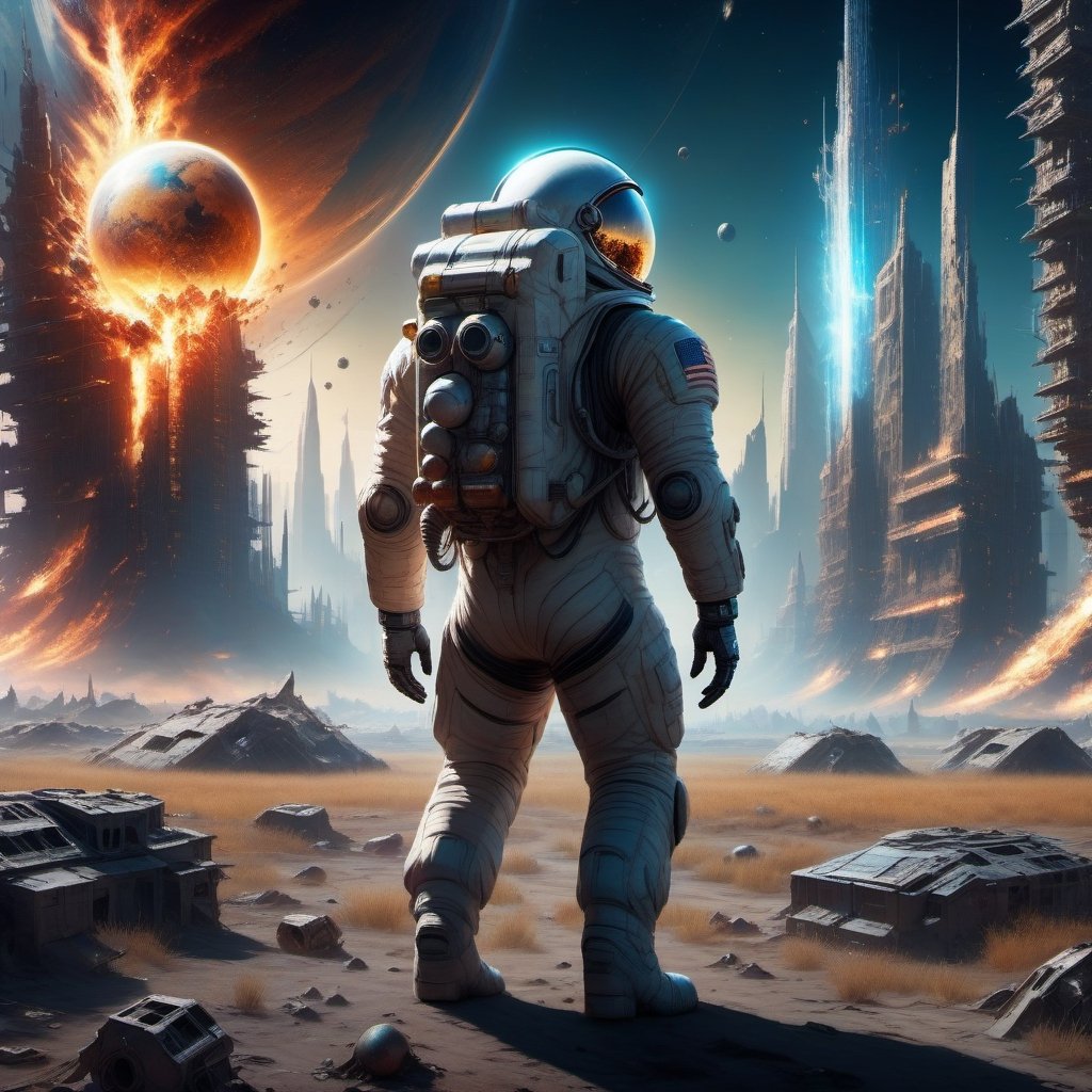 the astronaut stands in the middle of a deserted field surrounded by cities of the hi-tech bio future, an world of high technology, huge biopunk monsters are running far from the astronaut, burning spheres on fire are lie on ground, night, deep space debris, the ruins of the hi-tech apocalypse, monster, biopunk style, cinematic