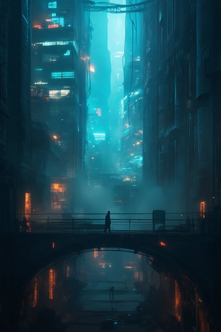 A solitary figure walking along a futuristic, elevated walkway in a cyberpunk city. The scene is drenched in moody, atmospheric lighting, with deep shadows and a warm, blue orange glow from neon lights and skyscrapers. The tall buildings on either side are adorned with faintly glowing lines and panels, while the dense fog adds a sense of mystery and depth. The figure's silhouette is backlit, creating a dramatic contrast against the vibrant background, evoking a feeling of isolation and introspection in the urban landscape.,noc-futuristic,FuturEvoLabScene