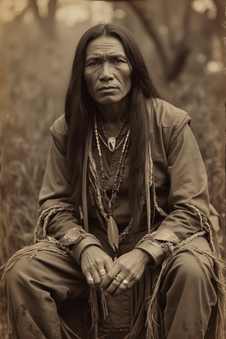 a highly detailed portrait of a Native American man with long, flowing dark hair, sitting outdoors. He wears traditional leather clothing with fringes, intricate beadwork, and a large necklace featuring a leaf pendant. The expression on his face is serious, with an air of strength and calmness. His hands are adorned with rings, and he has arm bands made of leather or beads. The setting is in natural surroundings, evoking a serene and historic atmosphere with sepia-toned coloration for an aged, classic feel.,Faded Old Photo,Hand