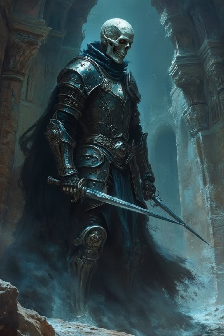 side view, a man dressed in armor holding swords, berserk skullknight black armor, a necromancer, beautiful bone structure, charon the ferryman of hades, full clothing, pale blue armor, epic standing, strong eerie back light, mega realistic, cinematic mood&tone, oil painting. 