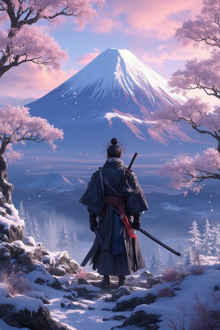 The beauty of Mount Fuji and Japanese art, the last samurai standing with elegance amidst the grandeur of winter in Japan, hkwarrior, accompanied by matte painting and perfect composition