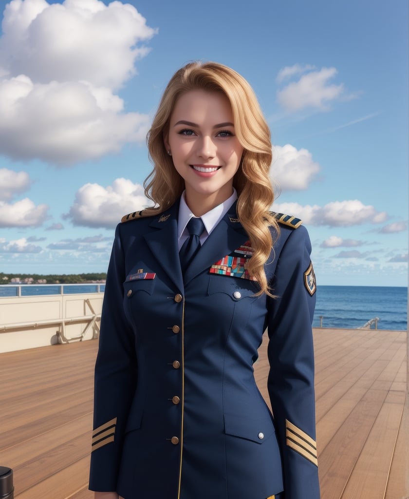 1girl, Beautiful girl, navy uniform, battleship deck, standing on the deck, looking at viewer, blue sky, clouds, solo, clear_image, blonde_hair, wavy_hair, hazel_eyes, long_hair, lips, slender build, white teeth, medium_breasts, full_body, smile, slender_legs, realistic,