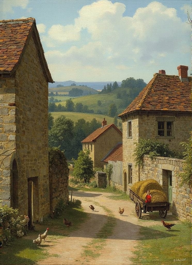 An oil painting in the style of John Constable: A farmyard with old flint walls with a small boy with a red shirt sitting on top. Farmhouse with chickens wandering free. An old wooden cart with bales of straw, scenery, trees and rolling hills. A sunny summer day. 