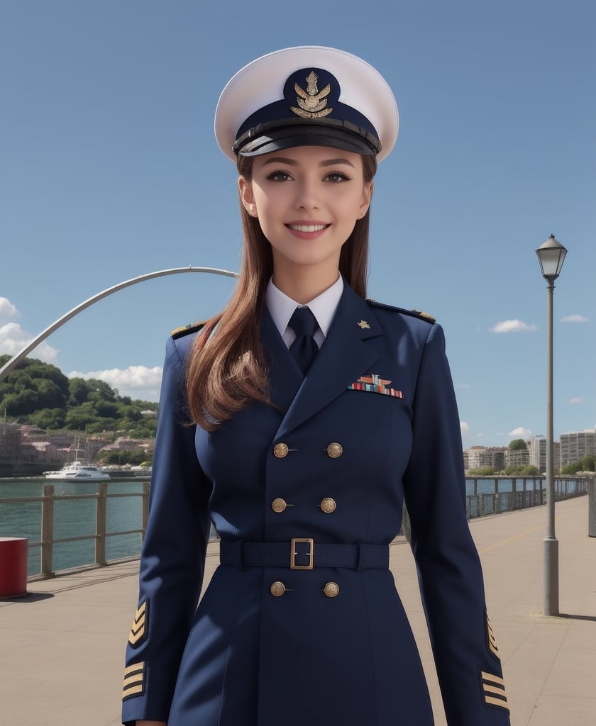 1girl, Beautiful girl, navy uniform, quayside, looking at viewer, blue sky, clouds, solo, clear_image, brown_hair, wavy_hair, hazel_eyes, long_hair, lips, slender build, white teeth, medium_breasts, full_body, smile, slender_legs, realistic,