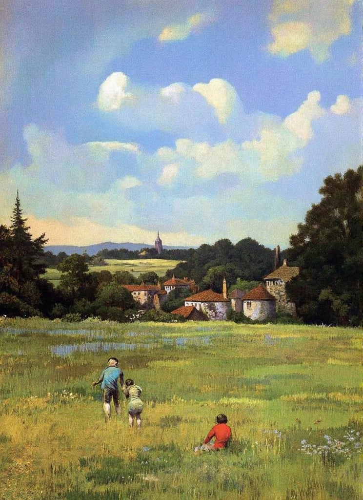 An oil painting in the style of John Constable. Village vista: warm sunlight casts long shadows across lush green fields, as a distant church spire rises above the tree line. Two carefree children play in the distance, one clad in blue, the other in red, their joyful laughter carried on the gentle breeze. Against a brilliant blue sky with puffy white clouds, this idyllic summer scene is set.