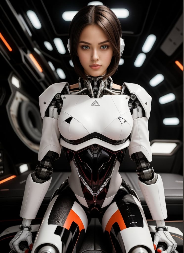 Create an image of a stunning cyber girl with vibrant, colors seated at the controls of a spaceship cockpit. Her short, sleek black hair shines against her hazel eyes and serious but happy face. Her slender build and toned legs are accentuated by a sleek robot body. Her white teeth gleam with confidence as she gazes directly at the viewer. The background fades to subtle tones, allowing her bright colors to pop against the darkened surroundings. A clear and detailed image showcasing every aspect of her stunning features. The background is blurred and very dark making the figure stand out.