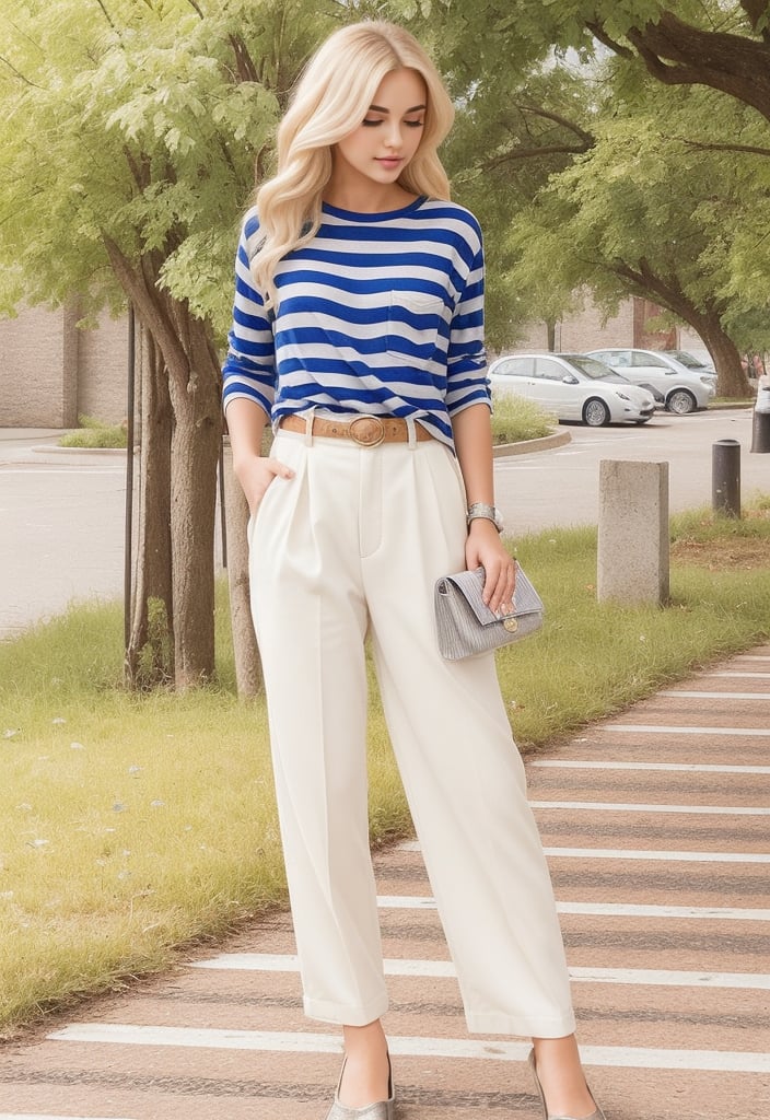 A young woman with flowing blonde locks and a striped ensemble stands alone, one hand tucked into her pocket and the other cradling a silver clutchbag. Her gaze drifts off into contemplation as eyes are fixed on the pavement, lost in thought as she navigates the city streets.