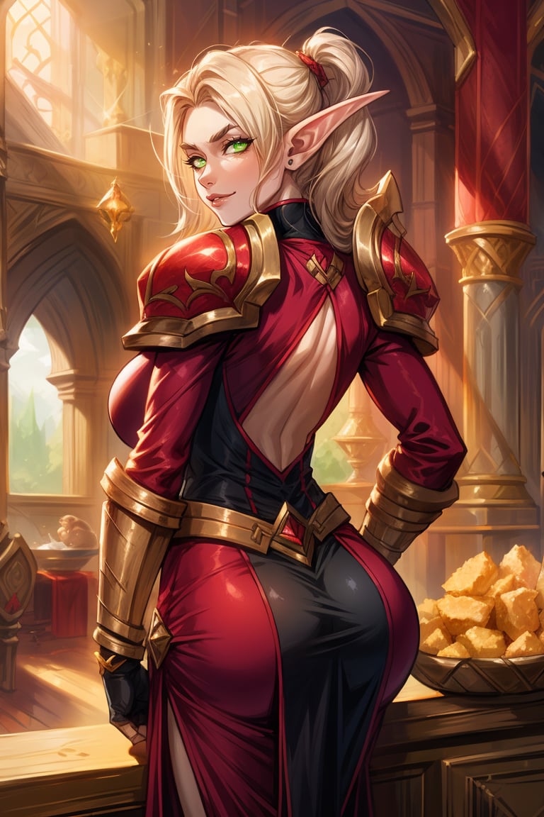 (high quality: 1.1), cinematic lighting, extremely detailed, Lady Liadrin, elf, 1 girl, alone, looking at viewer, sensual smile, long pointed ears, light blonde hair, flowing hair, long eyebrows (green eyes) : 1.3 ), (sclera color: 1.1), jewelry, red armor, gold ornaments, shoulder pads, gauntlets, black tabard, (tabard stamped with the silhouette of a phoenix), ((black pelvic curtain)), red thighs, pork rinds, cracklings , huge breasts, curves, wide hips, narrow waist, apartment, interior, decorated, noon, fantasy, sunlight, rays of light, white skin, light tanned skin, perfect face, the most beautiful girl, detailed body, (tilted , showing the butt: 1.3), ((back to the viewer: 1.3))