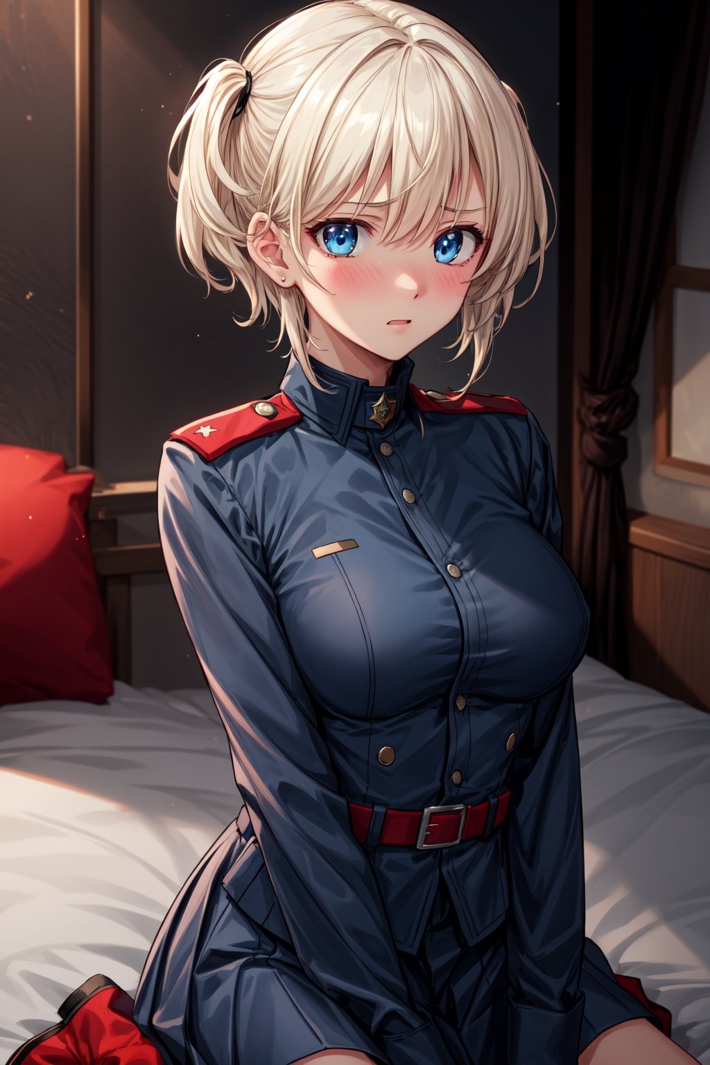 best quality,masterpiece,(breasts),1girl, short hair, platinum blond hair, blue eyes, sv1, twintail, twin_tails, embarassed, blushing, looking_at_viewer, collar, military dress, military_uniform, outside, warzone