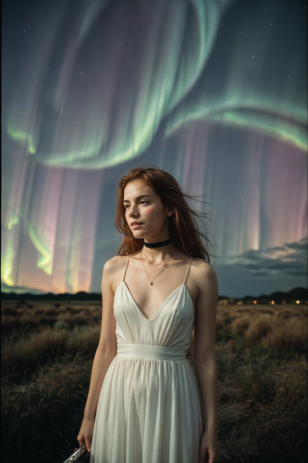 analog photo, a cute girl(hand.sword), ginger hair, pale skin, White dress, choker, vintage, faded film, film grain, night_sky((aurora)), big angel wings, angel_halo,halo