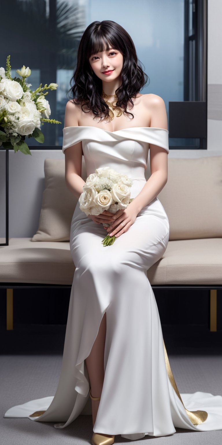 ((Top Quality, ​Masterpiece)), original photography, 8k, top quality, super high resolution, beautiful face, every detail, realistic human skin, gentle expression, front view, color々from one angle,black hair, ( wavy Bob hair: 1.5), realistic, realistic, cute little, Chis, bouquet, white wedding dress, off_shoulder, cleveage, gold necklace, bangs,(((full body))), looking at viewer, smile,  
information,So-min, Kgirl01