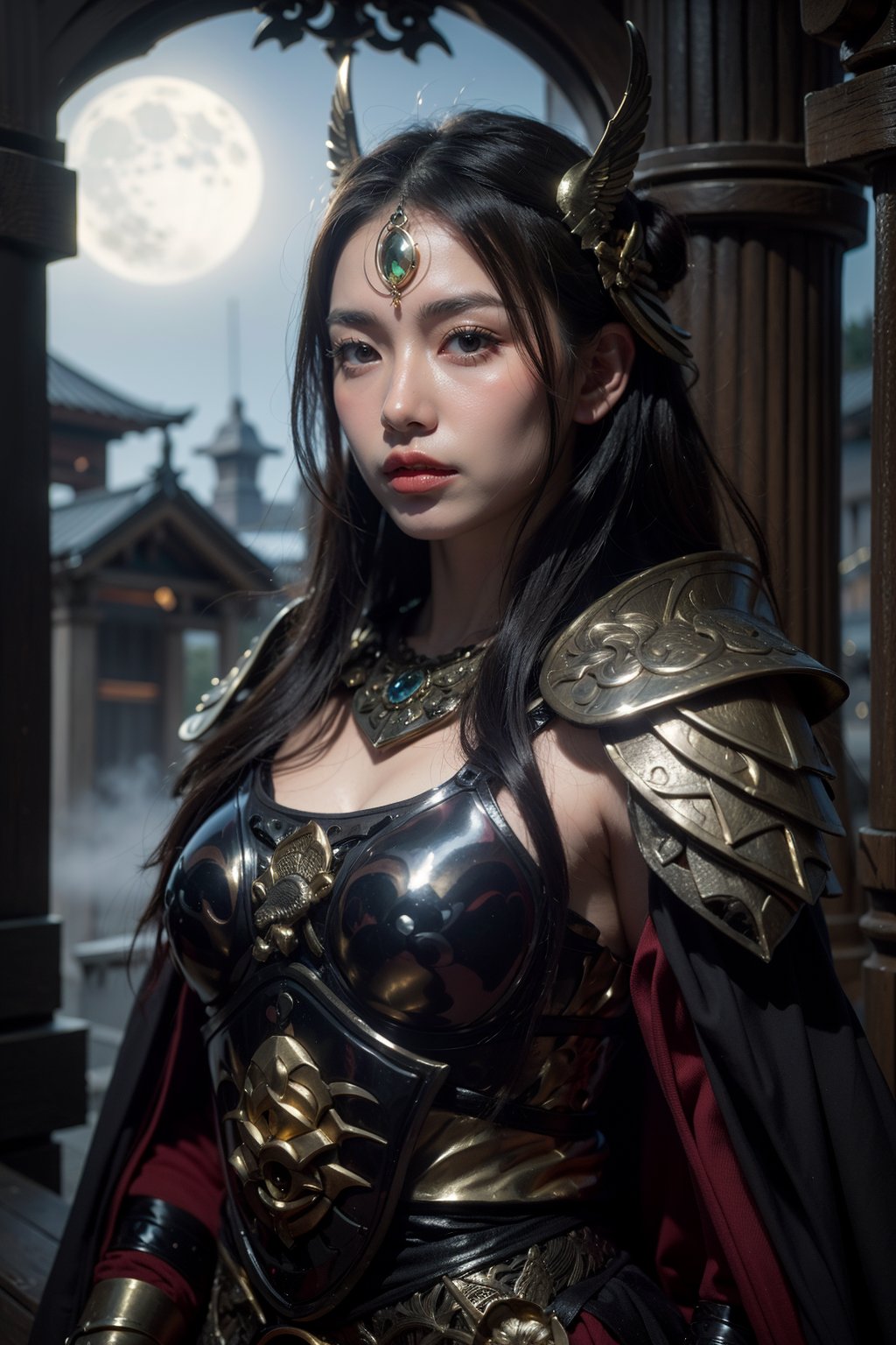 Create a realistic, fantasy-inspired half-body portrait of a beautiful Japanese girl with ((fair)) skin, set in a misty, ethereal ((night)) environment. She exudes strength and mystery, dressed in a unique tomb guardian outfit designed for protection and agility. Her attire is intricate, with layers of textured armor and flowing fabric elements featuring deep, muted ((tones)) and ornate ((metallic)) accents that shimmer softly under the ((moonlight)). Her outfit is both functional and elegant, subtly highlighting her curvaceous figure, with a fitted design across the chest.

Her long, ((dark)) hair flows over her shoulders in loose waves, partially obscured by the surrounding fog, enhancing her enigmatic appearance. She wears subtle but symbolic jewelry, such as rings and amulets, representing her role as a guardian. Her expression is serious and focused, with intense, piercing eyes that convey a strong sense of purpose and resilience.

The background is filled with dense fog, with faint shadows of ancient tombstones and stone structures partially visible, suggesting an ancient burial ground or sacred site. Soft ((moonlight)) filters through the mist, casting an otherworldly ((glow)) on her, while distant flickers of ((light)) hint at enchanted spirits or mystical forces. The scene has a dark yet captivating atmosphere, blending the timeless elegance of the fantasy realm with her powerful, vigilant presence as a guardian of sacred grounds.