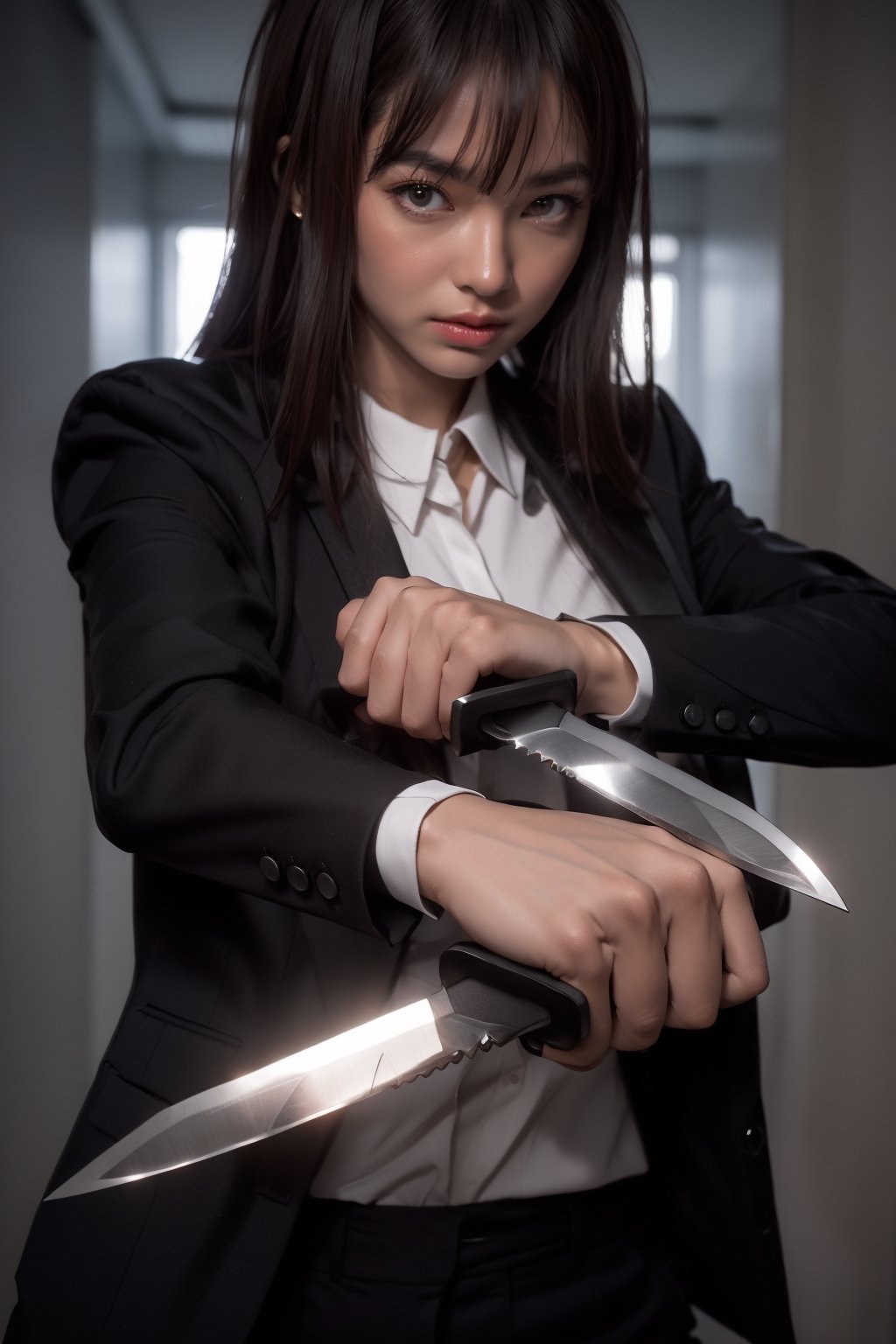 A fierce, red-haired woman stands in a confident and combative pose. Her long, straight red hair frames her intense expression, and she is dressed in a sharp, black suit over a white shirt, giving her a formal yet intimidating appearance. In both hands, she wields two large combat knives, crossing them in front of her chest in a defensive stance. Her expression is one of determination, with a slight smirk, hinting at her readiness for action. The suit's gold buttons add a subtle touch of elegance, while the overall tone is one of power and danger. The background is plain, keeping the focus entirely on the character and her commanding presence.