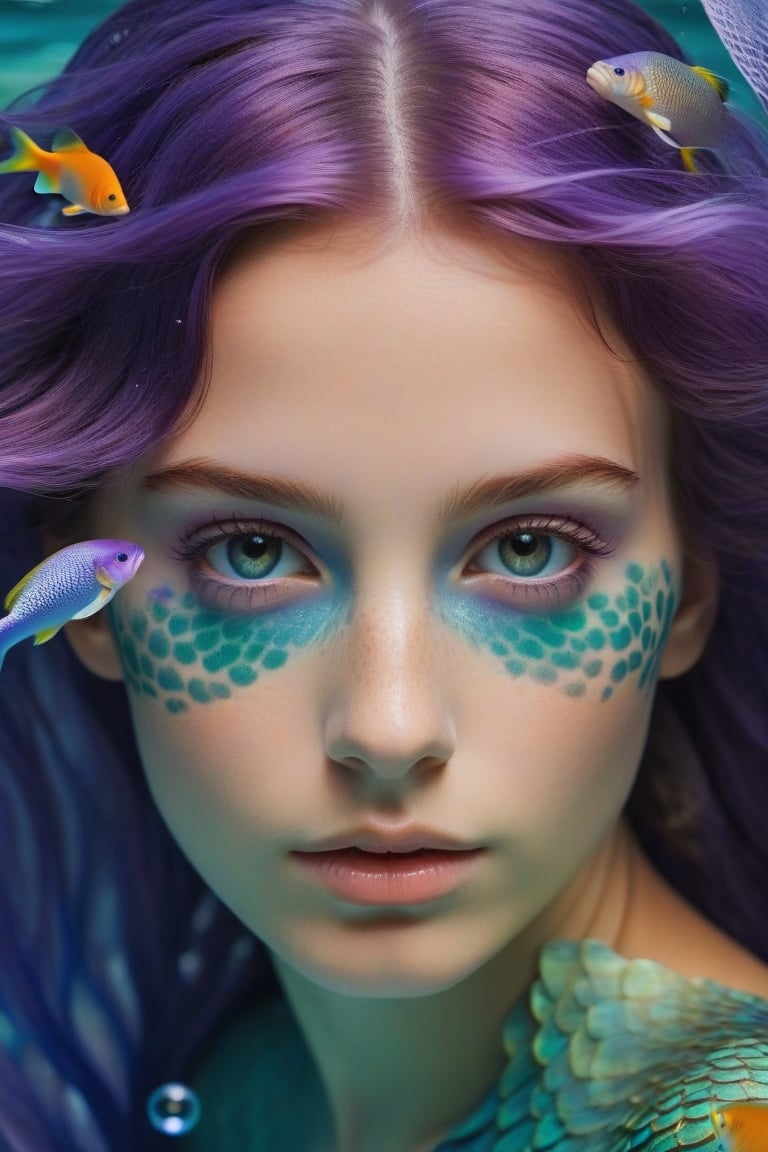 Frontal portrait of a whimsical and colorful woman resembling a mermaid or siren. Fair complexion, youthful features, wide open eyes, and delicate freckles on nose and cheeks. Vibrant, gravity-defying hair in shades of purple, blue, orange, and teal. Hair transitions into tendrils or aquatic flora, creating an underwater illusion. Small bubbles floating around the head add to the underwater theme. Attire or visible body part resembles teal and green fish scales with vibrant colors. Overall effect: Serene and otherworldly underwater creature in quiet contemplation.