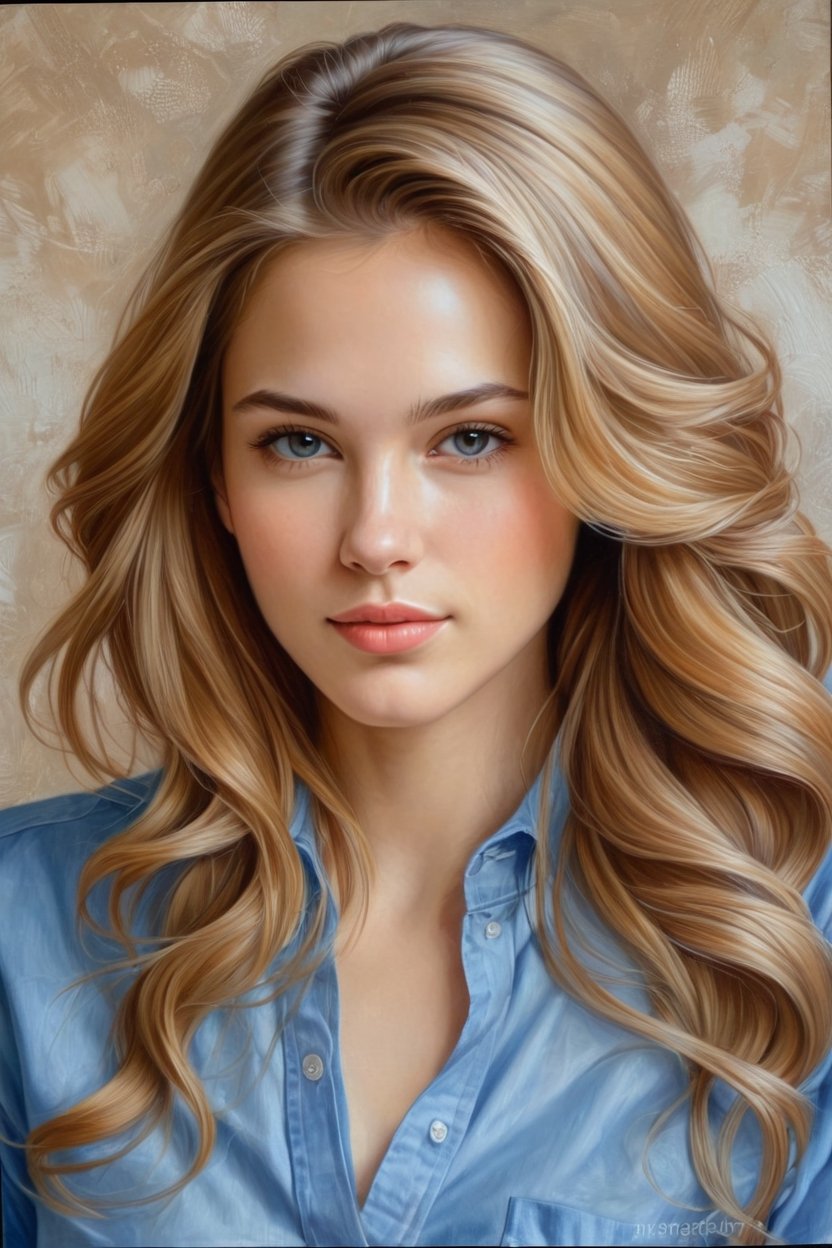 a painting of a woman in a blue shirt,  like artgerm,  brown-blond-hair pretty face by Chris chan on Tensor.Art