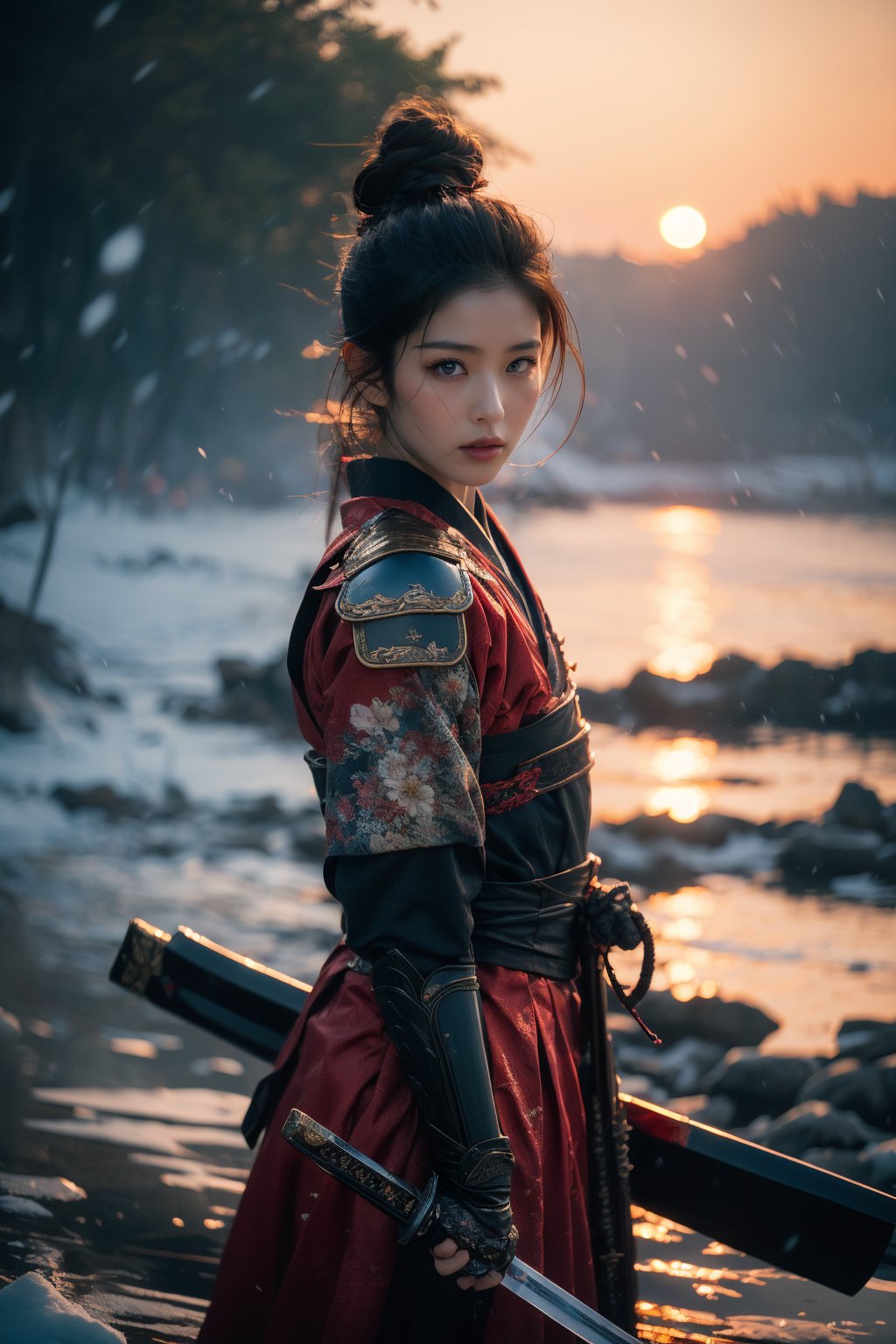 a painting of Nak-Su, the beautiful Korean female assassin from Alchemy of Souls, Go Yoon Jung, holding a sword in an ocean covered by ice, red traditional hanbok, hair tied back, in the style of dark sky-blue and red, cinematic movie still, k-drama, historical drama, lit kid, metafictional, snow scenes, technological fusion --ar 25:31 --quality 2  --s 750 --v 5.1