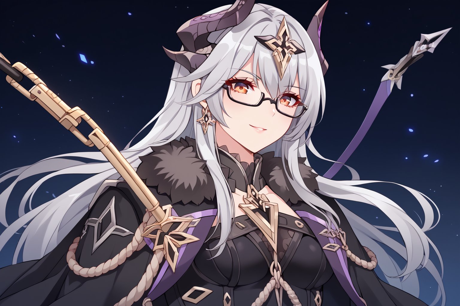 Only 1 Girl,Stoat Girl Appearance: The character has short, half-tied, grey/silver hair, wears glasses, and has two small horns protruding from her head. She has a faint smile on her face. Clothing: The character wears a dark colored cloak, decorated with a purple bow around her neck, and gloves that appear to be made of metal or a robotic material. She appears to be holding something like a rope or object wrapped around her hands.