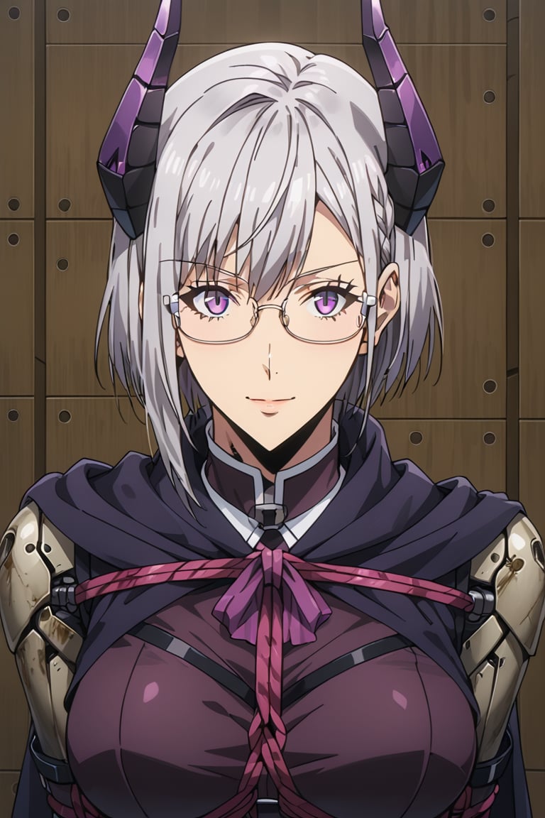 1 Girl, Single Stoat Girl Appearance: The character has short, half-tied, grey/silver hair, wears glasses, and has two small horns protruding from her head. She has a faint smile on her face. Clothing: The character wears a dark colored cloak, decorated with a purple bow around her neck, and gloves that appear to be made of metal or a robotic material. She appears to be holding something like a rope or object wrapped around her hands.