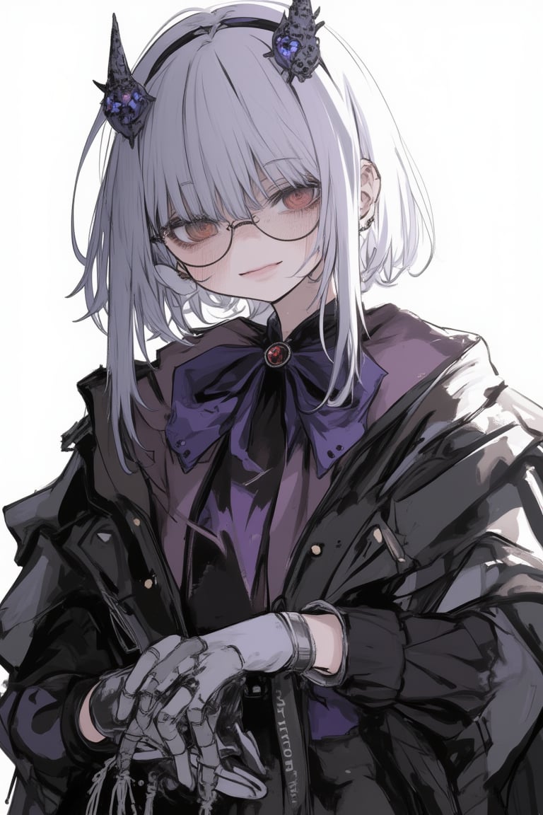 1 Girl, Single Stoat Girl Appearance: The character has short, half-tied, grey/silver hair, wears glasses, and has two small horns protruding from her head. She has a faint smile on her face. Clothing: The character wears a dark colored cloak, decorated with a purple bow around her neck, and gloves that appear to be made of metal or a robotic material. She appears to be holding something like a rope or object wrapped around her hands.