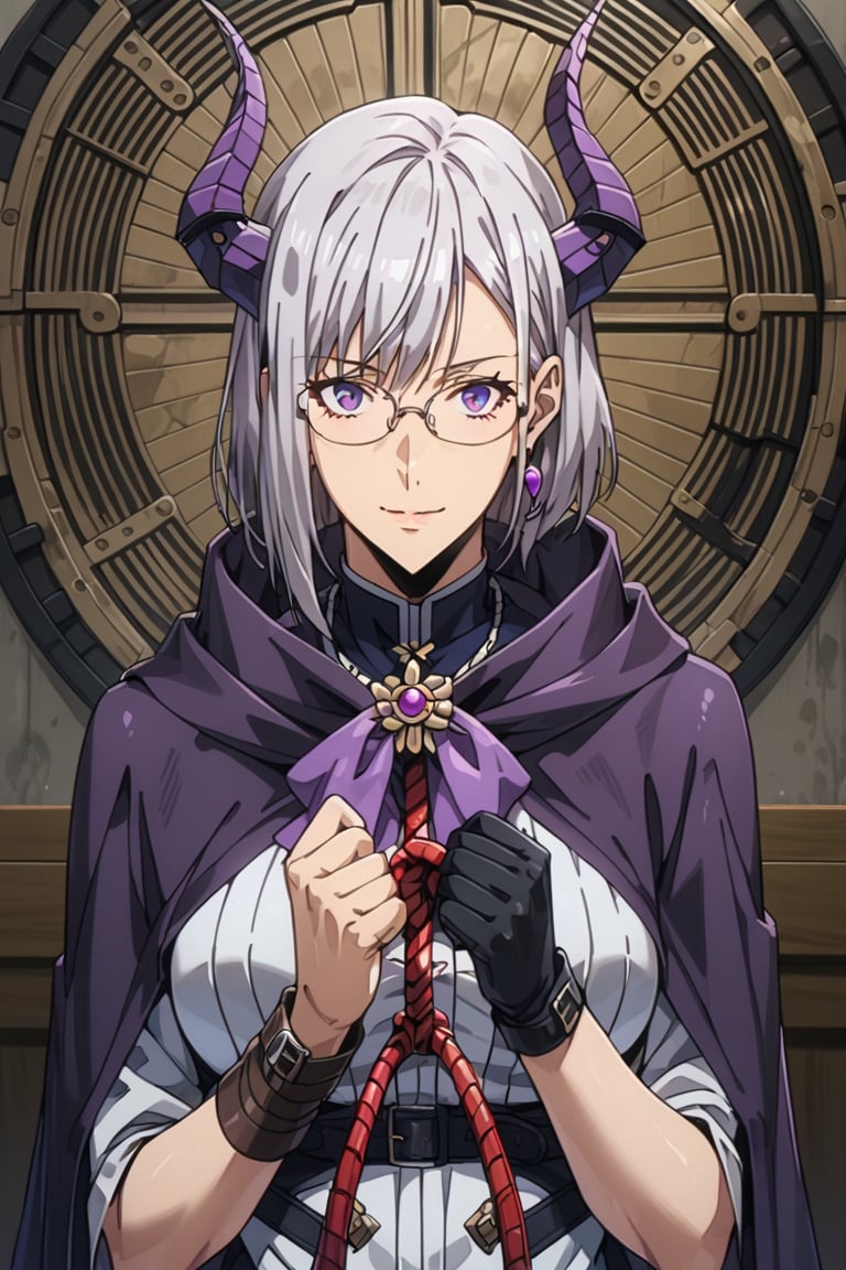 1 Girl, Single Stoat Girl Appearance: The character has short, half-tied, grey/silver hair, wears glasses, and has two small horns protruding from her head. She has a faint smile on her face. Clothing: The character wears a dark colored cloak, decorated with a purple bow around her neck, and gloves that appear to be made of metal or a robotic material. She appears to be holding something like a rope or object wrapped around her hands.