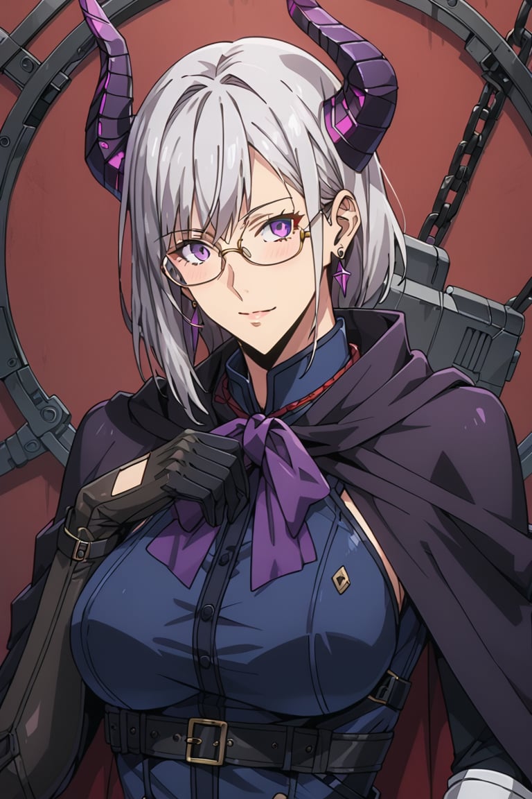 1 Girl, Single Stoat Girl Appearance: The character has short, half-tied, grey/silver hair, wears glasses, and has two small horns protruding from her head. She has a faint smile on her face. Clothing: The character wears a dark colored cloak, decorated with a purple bow around her neck, and gloves that appear to be made of metal or a robotic material. She appears to be holding something like a rope or object wrapped around her hands.