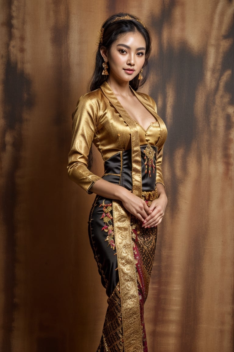 1girl, 175cm,korean model, golden Chinese headress, very wet skin, horny facial expression, 23 years old, soft body, black hair, wavy hair,whole body, hair reaches waist, whole body,((head to leg)), black bracelets, black chain,((wearing Kebaya)), floral pattern long skirt, large earrings,close-up, 8k, RAW photo, best quality, masterpiece,realistic, elegant standing pose, photo-realistic,seductive,cute,royal kingdom background, big boobs, rchelcia,