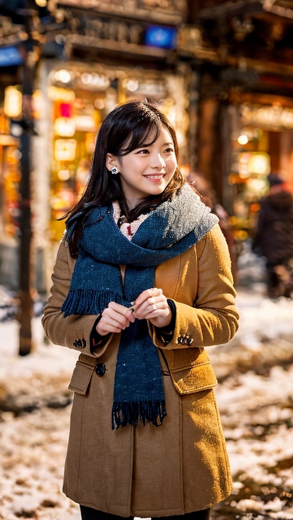 Beautiful and delicate light, (beautiful and delicate eyes), pale skin, big smile, (brown eyes), (black long hair), dreamy, medium chest, woman 1, (front shot), Korean girl, bangs, soft expression, height 170, elegance, bright smile, 8k art photo, realistic concept art, realistic, portrait, necklace, small earrings, handbag, fantasy, jewelry, shyness, skirt, winter down parka, scarf, snowy street, footprints,3D,GIRL