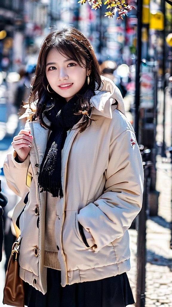 Beautiful and delicate light, (beautiful and delicate eyes), pale skin, big smile, (brown eyes), (black long hair), dreamy, medium chest, woman 1, (front shot), Korean girl, bangs, soft expression, height 170, elegance, bright smile, 8k art photo, realistic concept art, realistic, portrait, necklace, small earrings, handbag, fantasy, jewelry, shyness, skirt, winter down parka, scarf, snowy street, footprints,3D,GIRL