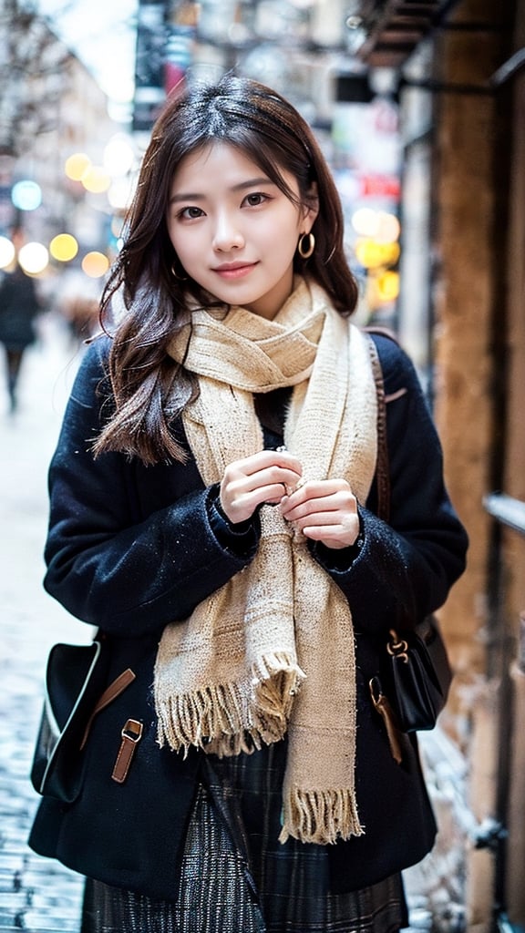 Beautiful and delicate light, (beautiful and delicate eyes), pale skin, big smile, (brown eyes), (black long hair), dreamy, medium chest, woman 1, (front shot), Korean girl, bangs, soft expression, height 170, elegance, bright smile, 8k art photo, realistic concept art, realistic, portrait, necklace, small earrings, handbag, fantasy, jewelry, shyness, skirt, winter down parka, scarf, snowy street, footprints,3D,GIRL