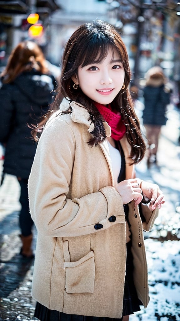 Beautiful and delicate light, (beautiful and delicate eyes), pale skin, big smile, (brown eyes), (black long hair), dreamy, medium chest, woman 1, (front shot), Korean girl, bangs, soft expression, height 170, elegance, bright smile, 8k art photo, realistic concept art, realistic, portrait, necklace, small earrings, handbag, fantasy, jewelry, shyness, skirt, winter down parka, scarf, snowy street, footprints,3D,GIRL