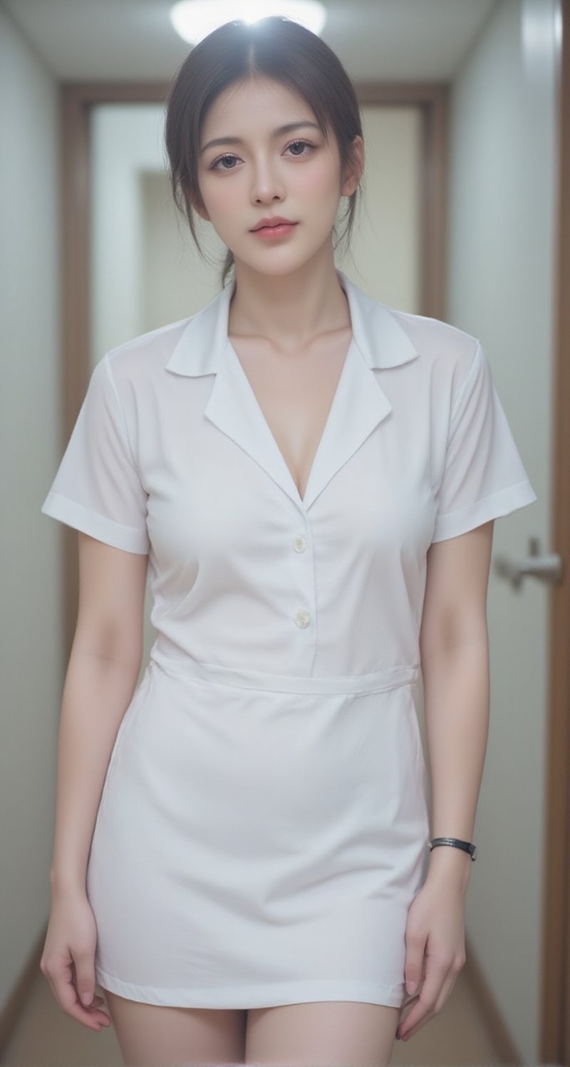 masterpiece, Highest quality:1.3, Ultra high definition 8K:1.2, hyperRealistic:1.35, RAW Photos:1.2, Highest quality, High resolution, wallpaper, Realistic, dramatic, Realistic painting art by midjourney:1.3, 1 Thai female nurse, 25 years old, sexy White nurse uniform, open chest, medium beast, cleverage, Knee-length white tight skirt:1.3, Walking in the hospital, so beautiful, Beautiful Skin, Detailed face, Symmetrical face, double eyelid, Beautiful and detailed, Friendly kind smile, Beautiful glossy lips, I chipped a tooth, Very short bob hair, Accentuate your body lines, Perfect Style, cowboy_shot, Bokeh Background, morning dawn, Natural soft light), sexy pose