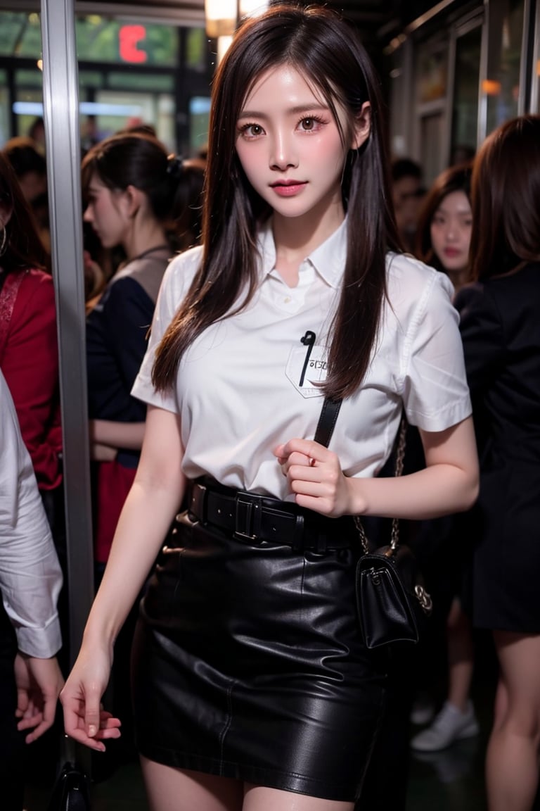 Beautiful young thai woman in long black hair in mahalai uniform, wet white short sleeve shirt,short black pencil skirt,brown belt. She carrying a chanel brand female cross body bag and standing in a very crowded bus.